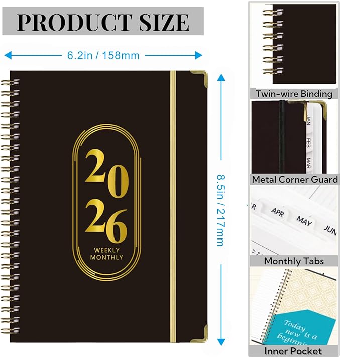 2026 Planner for Women Men,Monthly and Weekly Agenda Calendar Planner,Jan 2026 to Dec 2026,A5 (6.3" x 8.5"),Hard Cover Teacher Student Daily Planning Book with Tabs for Office School Home Work,Black