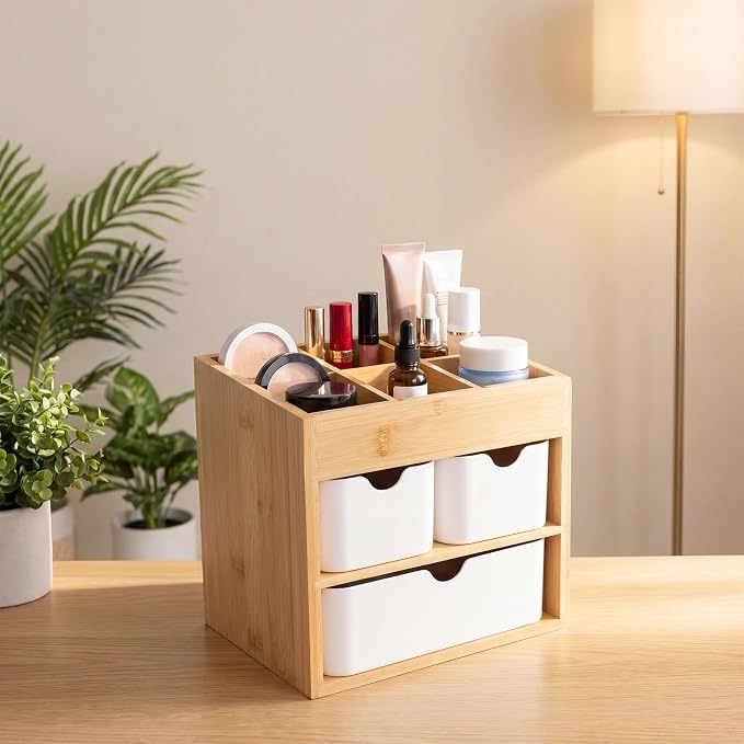 Bamboo Office Desk Organizer with 3 Drawers Wood Makeup Organizer Dresser Cosmetic Box Organizer for Home with Adjustable Dividers