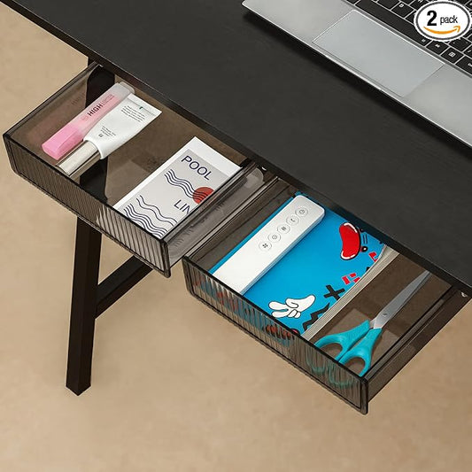 2 Pack Under Desk Drawer Organizer Slide Out, Self- adhesive Plastic Drawer Under Desk Storage Accessories & Workspace Organizers, Add a Drawer Under Table Storage for Office/ Classroom/ Home