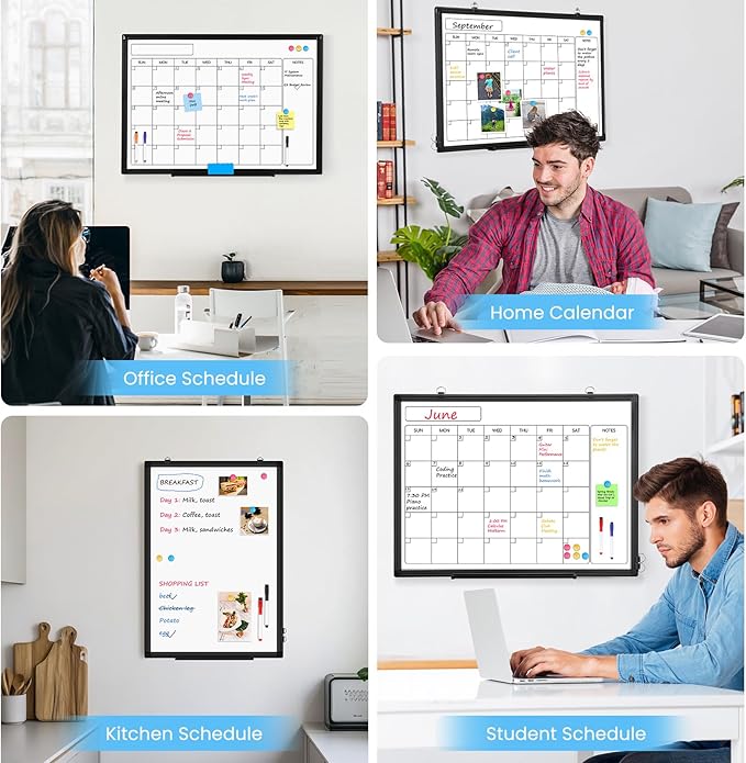 Monthly Calendar Dry Erase Whiteboard, 36" x 24" Magnetic Calendar White Board, Double-Sided Portable Board with Black Aluminium Frame for Office, Kitchen, School, Home
