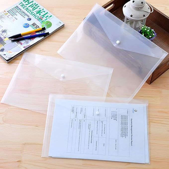 Acrux7 48 PCS Plastic Envelopes, Clear Poly Envelope with Snap Closure, Document Folders Waterproof File Folder for School Home Office, A4 Size