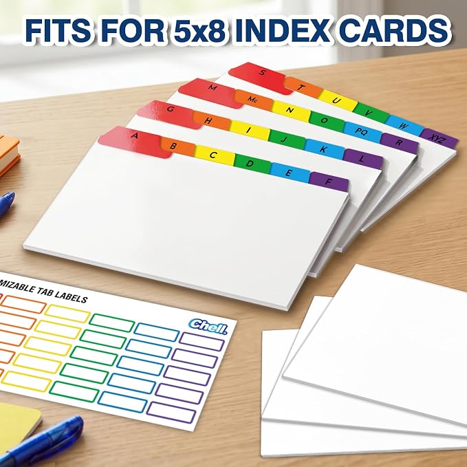 Chell 5x8 Index Card Dividers, Heavyweight A-Z Tabbed Guides, 110 lb. Cover Weight, with Blank Stickers, 1 Set