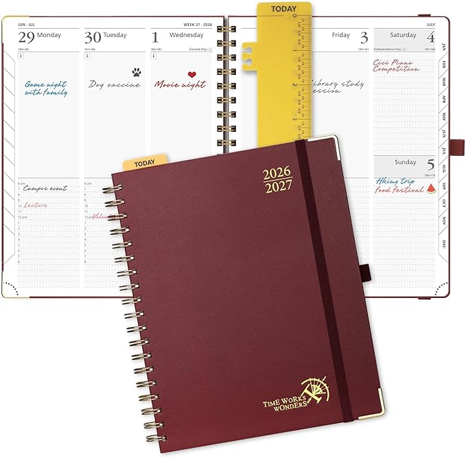 POPRUN 2026-2027 Academic Year Weekly and Monthly Planner Calendar,Jul 2026 - Jun 2027，10" x 8"， Daily Agenda Book & Appointment Book with Hourly Schedule, Tabs, Hardcover, School and Office Supplies - Burgundy