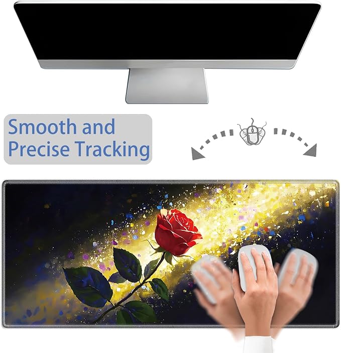 Mouse Pad Gaming Mousepad 31.5x11.8 Inch XXL Large + Coasters,Desk Mat with Stitched Edges, Non-Slip Rubber Base, Thick Mouse Pad for Computer, Laptop, Office & Home - Glitter Rose Flower