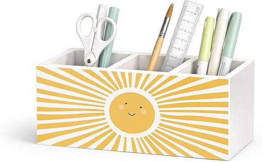 Cute Sun Desk Organizer, Wooden Pen Holder with Smiling Sun Design, Office Desk Accessories, Pencil Holder for Home, Study, School Supplies