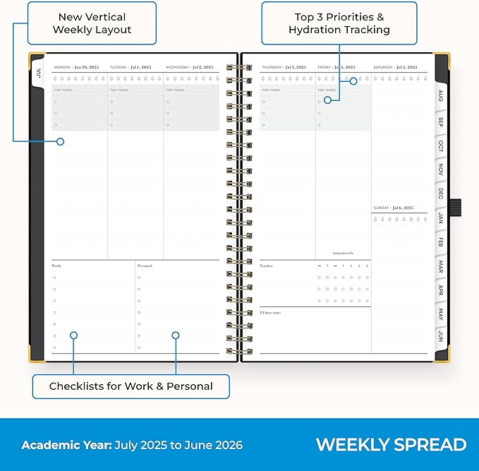Blue Sky 2025-2026 Weekly and Monthly Academic Year Planner Calendar, July 2025 - June 2026, 5" x 8", Faux Leather Cover, Wirebound, Storage Pocket, Laminated Tabs, Black