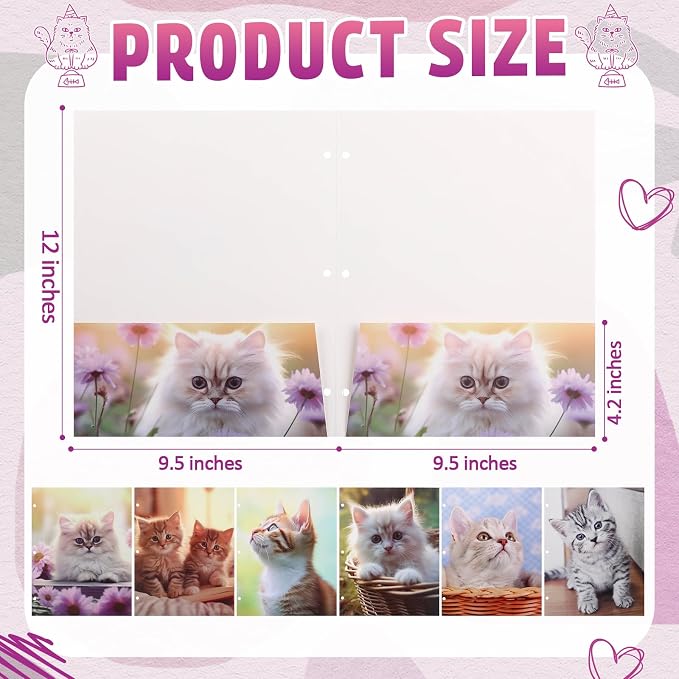 Handepo 18 pcs Pocket Folders 2 Pocket Letter Size 3 Ring File Folder Portfolio Kitten Decorative Folders for Teachers Students School Office Party Supplies 12X9.25 inch