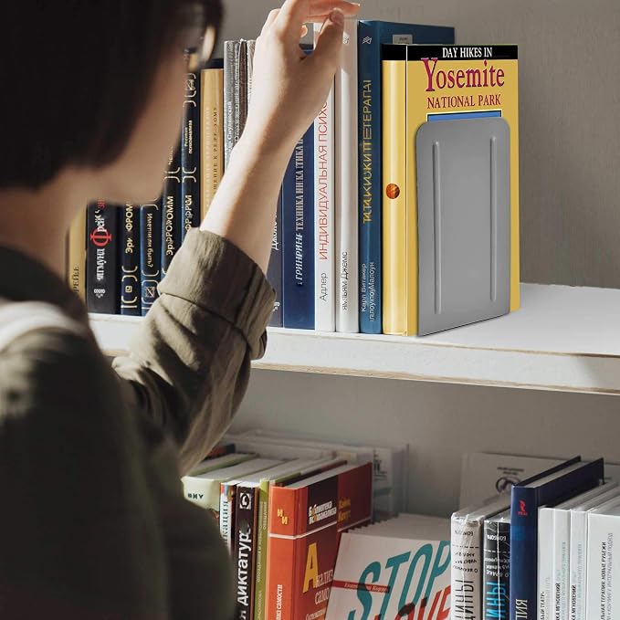 Acrimet Bookends for Shelves, Non-Skid Book Holder, Heavy Duty Book Stopper, Steel Metal Book Ends Storage for Home, Library, 6 7/8" H x 4" W x 4 1/2" D (Silver) (1 Pair / 2 Pieces)