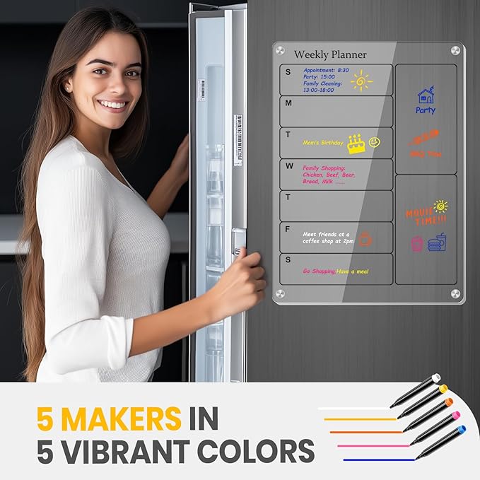 Magnetic Calendar for Fridge, Clear Acrylic Fridge Calendar Dry Erase, Monthly Calendar Magnetic for Refrigerator, Family Calendar Planning Board Include Marker (Black Text, Weekly Planner)