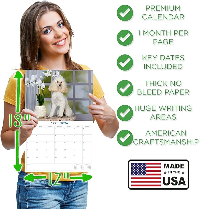 2025 2026 Poodle Calendar - Dog Breed Monthly Wall Calendar - 12" x 18" Open - Thick No-Bleed Paper - Giftable - Academic Teacher's Planner Calendar Organizing & Planning - Made in USA