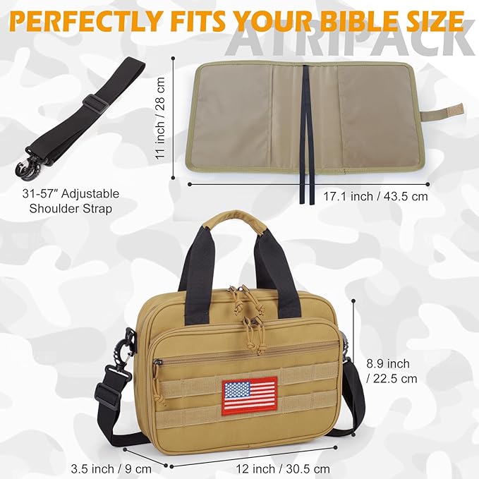 ATRIPACK Tactical Large Bible Cover for Men,Double Layer Bibles Bag With Detachable Book Carrying Case, Covers for Bible Organizer with Zippered Pockets,Church Case with Handle.