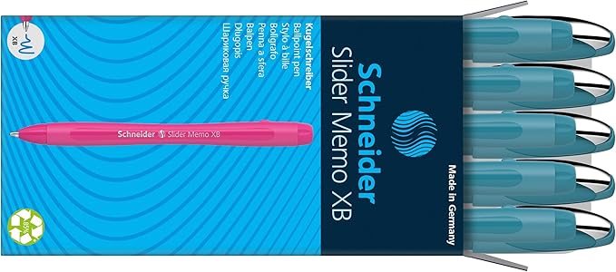 Schneider Slider Memo XB Ballpoint Pen (Colour Edition with Cap, Line Width: XB) Pack of 10, Case Colour: Teal, Ink Colour: Blue