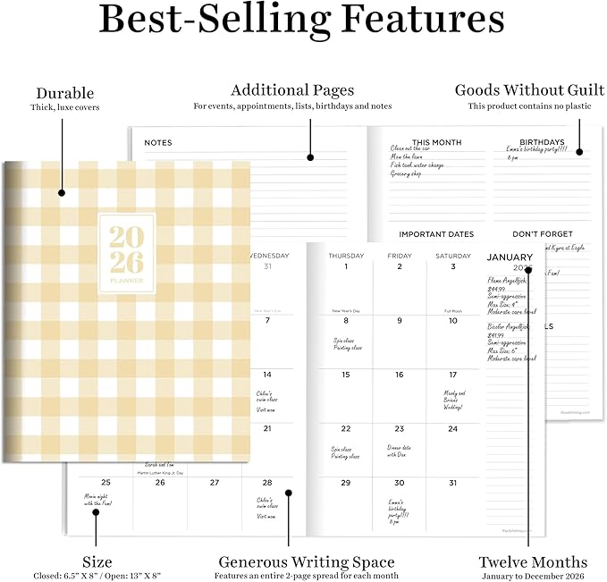 TF Publishing 2026 Gingham Wheat Medium Monthly Planner - 2 Page Spreads with Extra Large Calendar Grids and Planning Prompts - 12 Month Planner for School and Work - 6.5in x 8in
