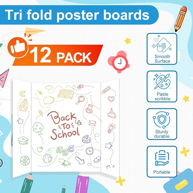 12 Pcs Small Trifold Poster Board, 21.4" x 14" Presentation Board, with Double Sided Tapes and Cardboard, White Corrugated Project Boards/Display Board for School Project/Science Fair Display Boards