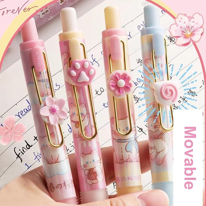 4 Pcs Erasable Pens Retractable Pens Cute Cat Flower Gel Ink Pens Cartoon 3D Pen 0.5mm Smooth Writing Pens Soft Grip Erasable Pen Office School Supplies Women Girls Boys (Black Ink-Cat Flower)