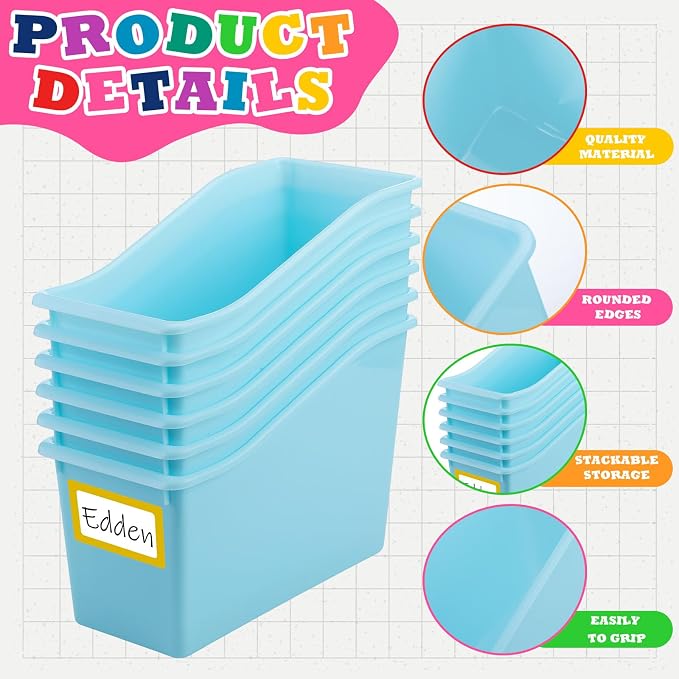 Jinei 24 Pack Waterspout Color Book Bins for Classroom Bulk Binder Holders with Name Labels Plastic Organization Book Baskets Teacher Storage Boxes for Classroom Home Office