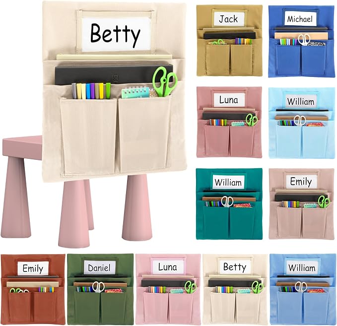 gisgfim 12 Pcs Small Chair Pockets for Classroom 13 x 14 Inch Bag with Name Tag Multi Pockets Chairsback Pouch Organizer for Student Kindergarten Elementary Daycare (Light Boho)