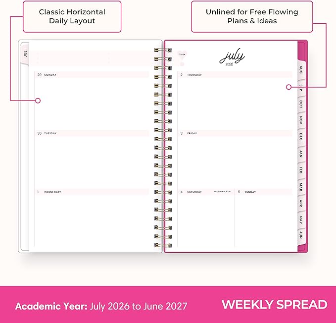 Blue Sky Color Me Courtney 2026-2027 Weekly and Monthly Academic Year Planner Calendar, July 2026 - June 2027, 5" x 8", Flexible Cover, Wirebound, Laminated Tabs, Storage Pocket, Includes Stickers, Bloom Pink