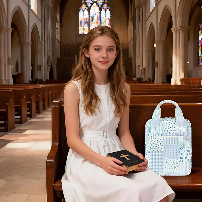 DSIUE Kids Bible Cover Case Gilrs Corduroy Bible Carrying Case Book Holder/Carrier/Bag with Handle and Pockets, Blue Patchwork Floral