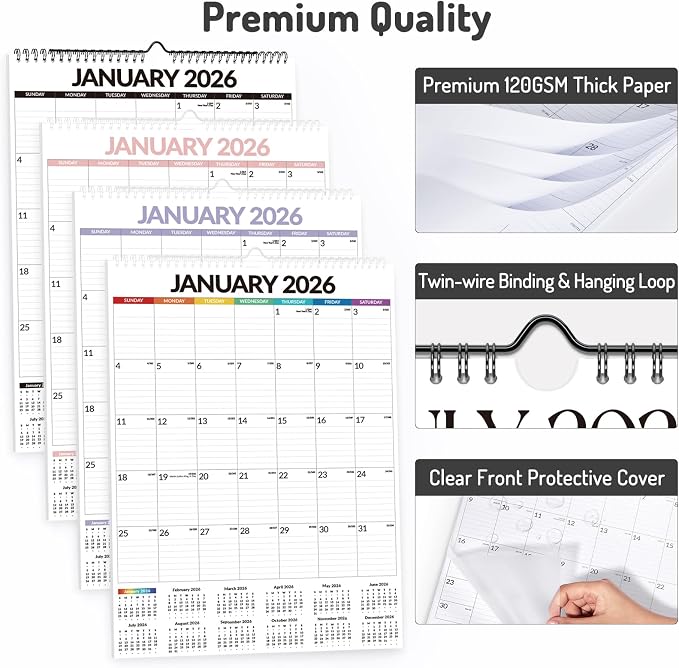 2026 Calendar, Forvencer Large Wall Calendar 2026, 12" x 17", Jan 2026 to Jun 2027, 18-Month Calendars with Stickers, Vertical Hanging Spiral Calendar Planner, Thick Paper, Ruled Blocks, For Family, Office & Seniors