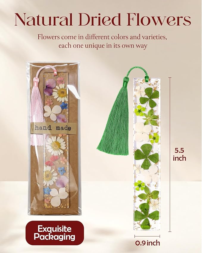 Buleens 2PCS Bookmarks for Women - Pink Green Book Marks for Readers Book Lovers, Personalized Handmade Dried Flower Resin Pressed Flowers Bookmark with Tassels, Pretty and Aesthetic