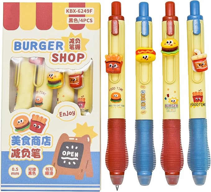 8 PCS Novelty Foodie Pen Fun Erasable Gel Pens Hamburger Pen Fries Pens Soda Design Stationery Cute Writing Tools With Black Ink for School Office Journaling Christmas Birthday Party