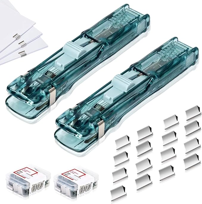 Portable Binder Clip Stapler with 100PCS Reusable Push Clips, Handheld Paper Clam Dispenser, Non-Destructive Desktop Stapler Alternative for Office School Home, Document Binding (Green-2pcs)