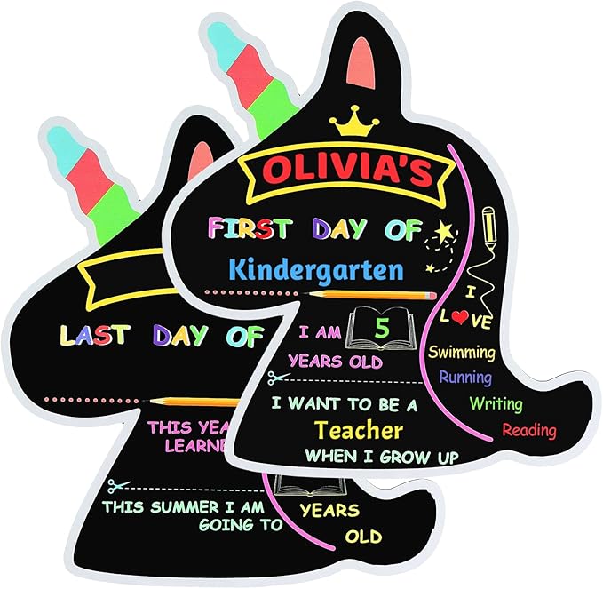 First and Last Day of School Board Reusable, Back to School Chalkboard Sign, Double Sided Preschool Kindergarten Signs for Kids Girls Boys (Cute Unicorn)
