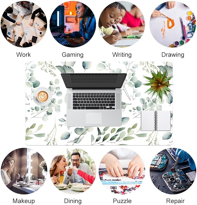 Colorful Star Large Mouse Pad, PU Leather Waterproof Desk Mat, Computer Gaming Mouse Pad, XXL Full Table Mousepad Non Slip Desk Pad for School Office Home 23.6" x 13.8" - Fresh Eucalyptus Leaves