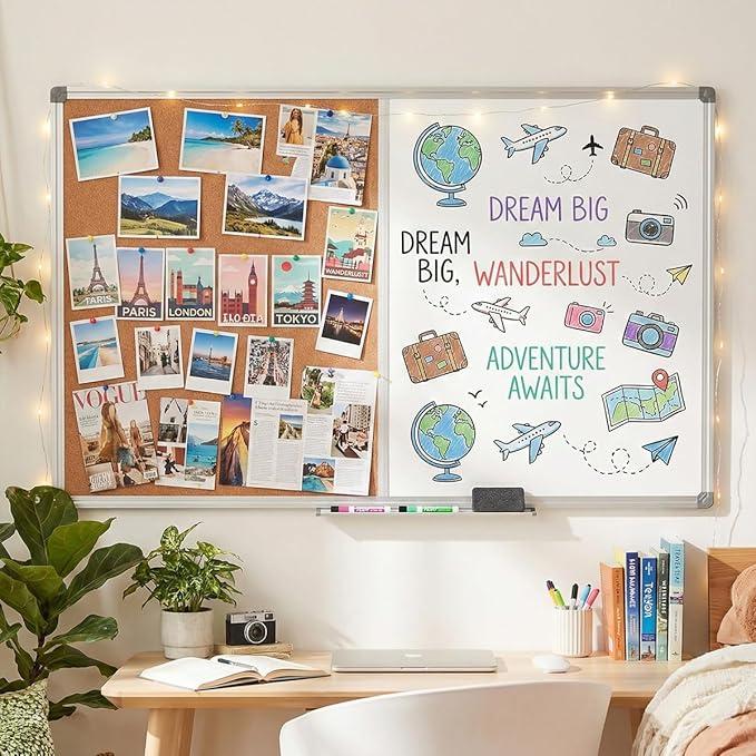Magnetic Combination Whiteboard & Cork Bulletin Board, 36 x 24 Inch-Dual Surface Combo Board for Home Office Organization, Kitchen Meal Planning & School Study-Silver Aluminum Frame