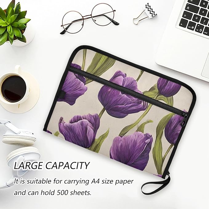 Expanding File Folder Purple Tulips Pattern Accordion File Organizer 13 Pockets Document Organizer with Zipper Labels A4 Letter Office Storage
