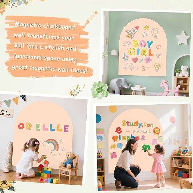 Magnetic Wall Decal 40x32 Inch Milk Tea Color Magnetic Wall Decal Arch Chalkboard with Multiple Accessories for Home Playroom and Classroom