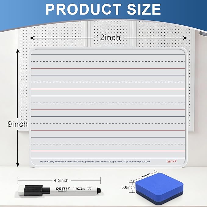 Magnetic Dry Erase Boards, 12 Pack 9”x12” Double Sided Portable Personal Small Whiteboards with Lines, Include 12 Markers, 12 Erasers, 12X52 Foam Letters for Kids, Students, Teachers Classroom School