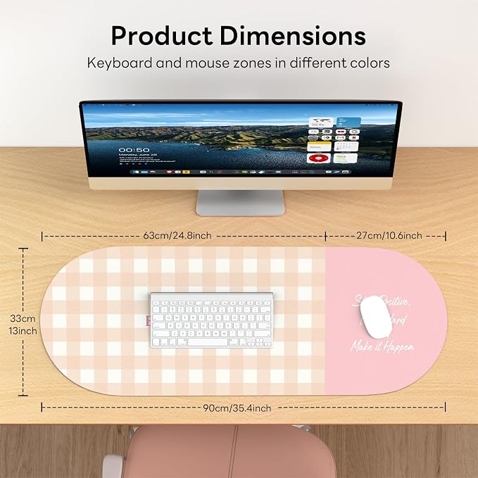 Checkered Pattern Desk Pad Protector, 35.5 x 13'' Aesthetic Mouse Mat for Desktop, Waterproof PU Leathe Non-Slip Desk Writing Pad for Office and Home, Orange and Pink