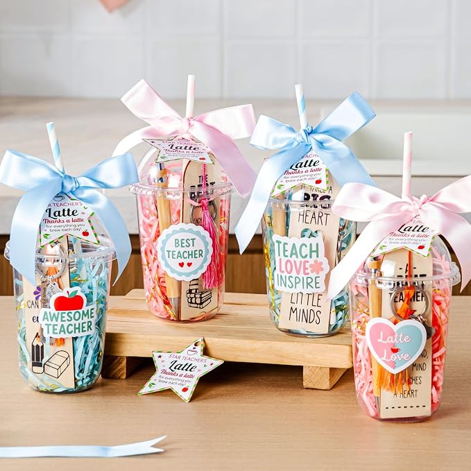 GOGREENWOVEN Teacher Appreciation Gifts in Bulk - 4 Pack Coffee Cup Gift Set with Bookmark, Keychain, Bamboo Pen & Card - Thank You Gifts for Teachers, End of Year, Back to School, Christmas