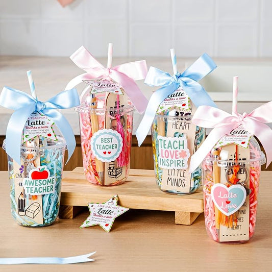 GOGREENWOVEN Teacher Appreciation Gifts in Bulk - 4 Pack Coffee Cup Gift Set with Bookmark, Keychain, Bamboo Pen & Card - Thank You Gifts for Teachers, End of Year, Back to School, Christmas