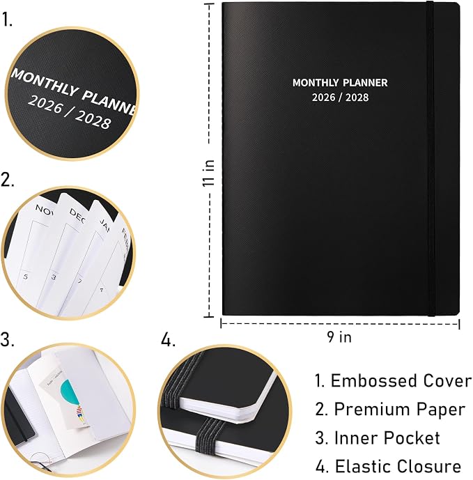 2026-2028 Monthly Planner/Calendar - 2 Year Calendar 2026-2028, Jul. 2026 - Jun. 2028, 9'' × 11'', 24 Months Planner with Embossed Cover, Inner Pocket, Premium Paper, Elastic Closure