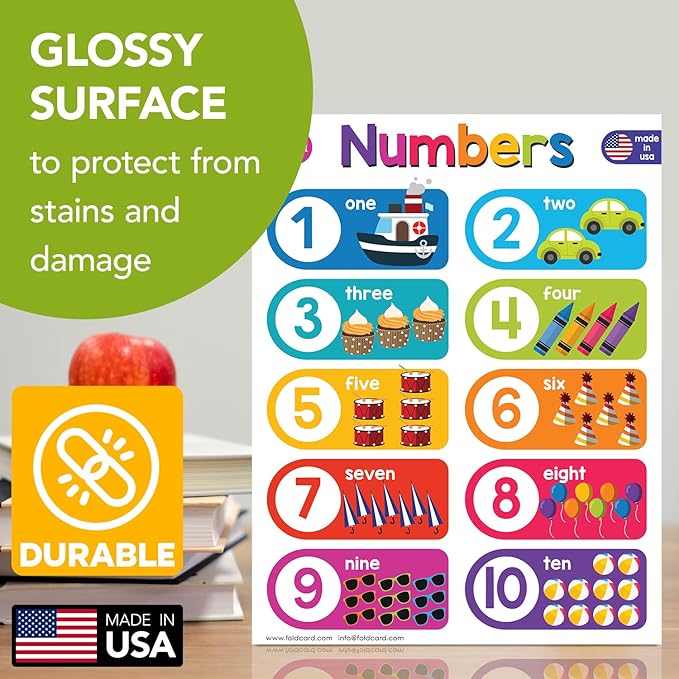 Numbers 1-10 Chart for Preschool to Grade 1 Kids – Bright and Colorful Educational Visual/Learning Aid Poster Decoration for Classroom or Home | Glossy Durable Cardstock | 8.5" x 11" | 5 per Pack