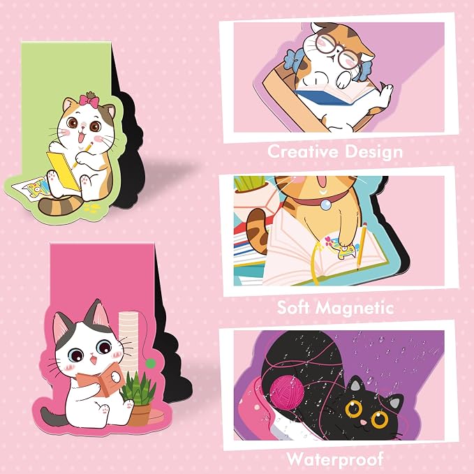 Cat Magnetic Bookmarks: 8 Pcs Cute Cartoon Cat Magnet Book Page Markers, Animal Bookmark Clips for Reading, Gifts for Students Teachers Book Lovers Office School Supplies