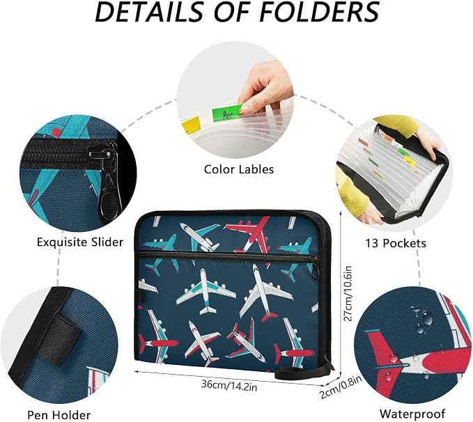 Airplanes Dark Blue File Folders,Plastic Folders with 13 Pockets,Expandable File Folder for Documents School Students Office,Aesthetic Folder with Labels A4 Letter Size