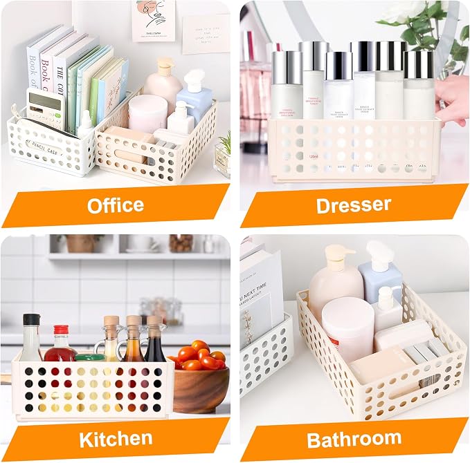 SAYEEC 2 Pack Mini Foldable Plastic Baskets for Organizing Collapsible Crate with Handle Stackable Storage Bin Small Storage Container Box Caddy Desk Drawer Organizer for Home Office Classroom (Beige)