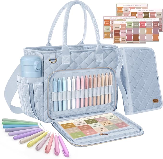 BellaHold Large Bible Bag with Bible Cover Case for Women, Church Bag with Bible Study Supplies & Shoulder Strap, Quilted Bible Tote Bag, Christian Gift for Women,Blue