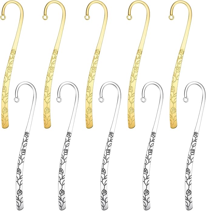 10pcs Metal Bookmark, Antique Carved Metal Bookmark Set Hairpin Hook Design with Loop Embossed Book Markers for Book Lovers Jewelry Making Charms, 5 Gold & 5 Vintage Silver
