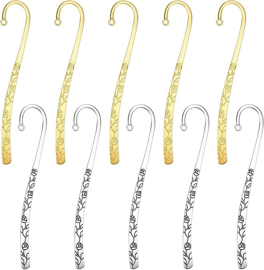 10pcs Metal Bookmark, Antique Carved Metal Bookmark Set Hairpin Hook Design with Loop Embossed Book Markers for Book Lovers Jewelry Making Charms, 5 Gold & 5 Vintage Silver