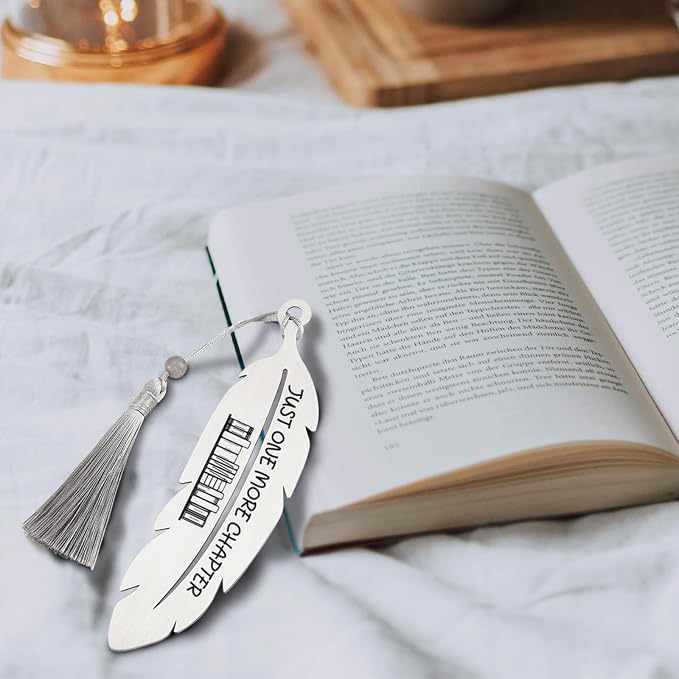 Just One More Chapter, Book Lover Bookmarks Gifts, Literary Bookmark, Laminated Bookmarks, Bookish Gift for Her, Graduation Season, Back to School Gift for Student, Metal Feather Bookmark VBK223