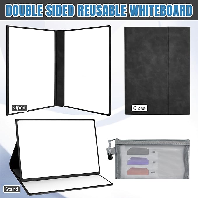 Portable Dry Erase White Board Notebook 6" x 9" (A5), Small Double Sided Folding Reusable Whiteboard with Stand, Anti-Ghosting Surface Foldable Notebook with 3 Markers & 1 Pen Bag, for Draft, Meeting