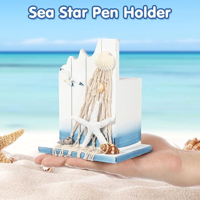 ARTIBETTER 1pcs Wooden Pen Holder Pen Container Organizer Nautical Desk Decoration Makeup Brush Holder for Home Office (White)