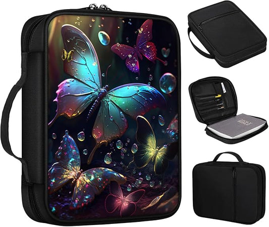 Bible Cover, Neon Butterflies Bible Case with Handle and Zippered Pocket Standard Size Holy Bible Bag Women Gifts, Church Bag Portable Bible Carrying Book Case for Bible Study