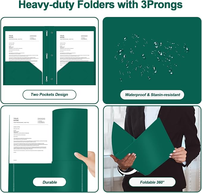 Two Pocket Folders with Prongs, LAYZZ 60 Pack Poly Plastic Folders, Heavy Duty Plastic Folders with Pockets and Prongs, Letter Size, for Offices and Schools (Green)