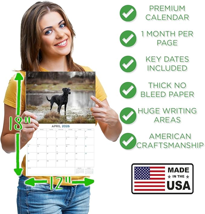 2025 2026 Labrador Black Calendar - Dog Breed Monthly Wall Calendar - 12" x 18" Open - Thick No-Bleed Paper - Giftable - Academic Teacher's Planner Calendar Organizing & Planning - Made in USA